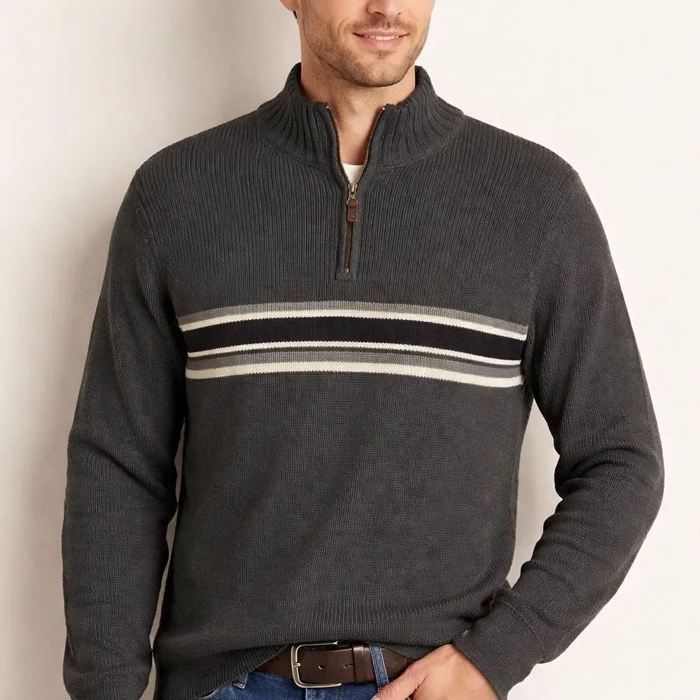 Eddie Bauer Men’s XL Quarter Zip Ribbed Knit Sweater Gray Cotton Pullover